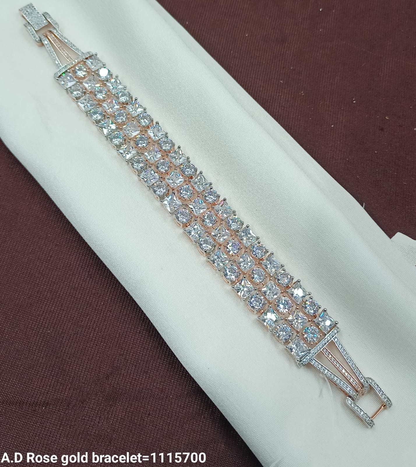 Luxury Rose Gold AD Bracelet – Triple Row of Sparkling CZ Stones
